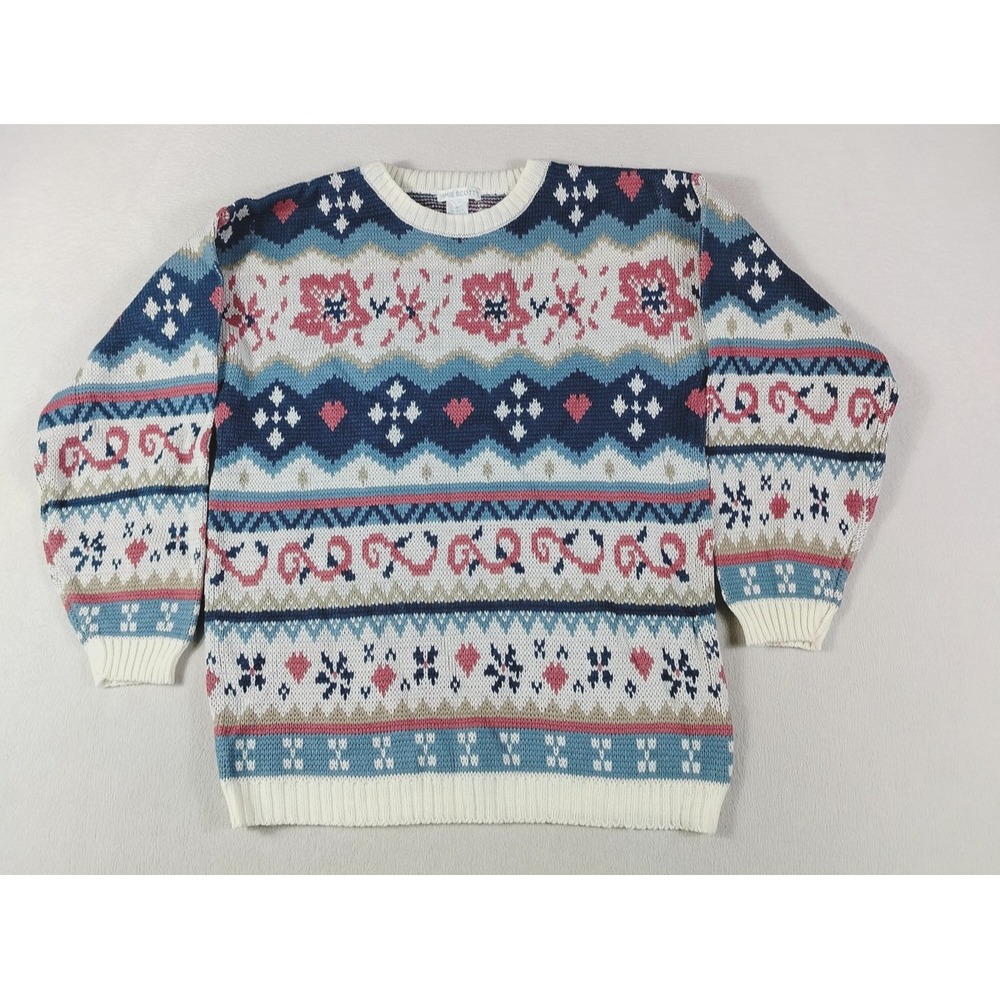 Vintage Jamie Scott Sweater Womens Medium Fair Isle Floral Acrylic Knit Ugly 80s